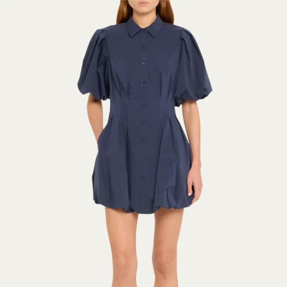 SIMKHAI Cleo Poplin Balloon-Sleeve Pleated Mini Dress